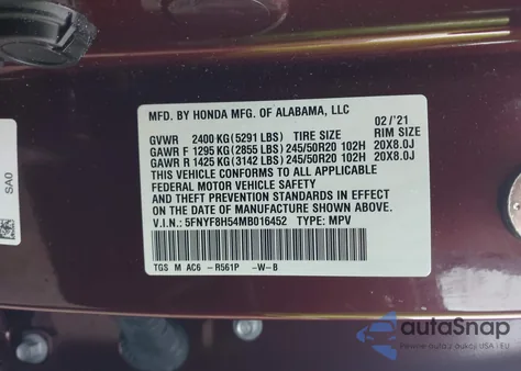 2021 Honda Passport Awd Ex-L z USA, uszkodzony, nr VIN 5FNYF8H54MB016452